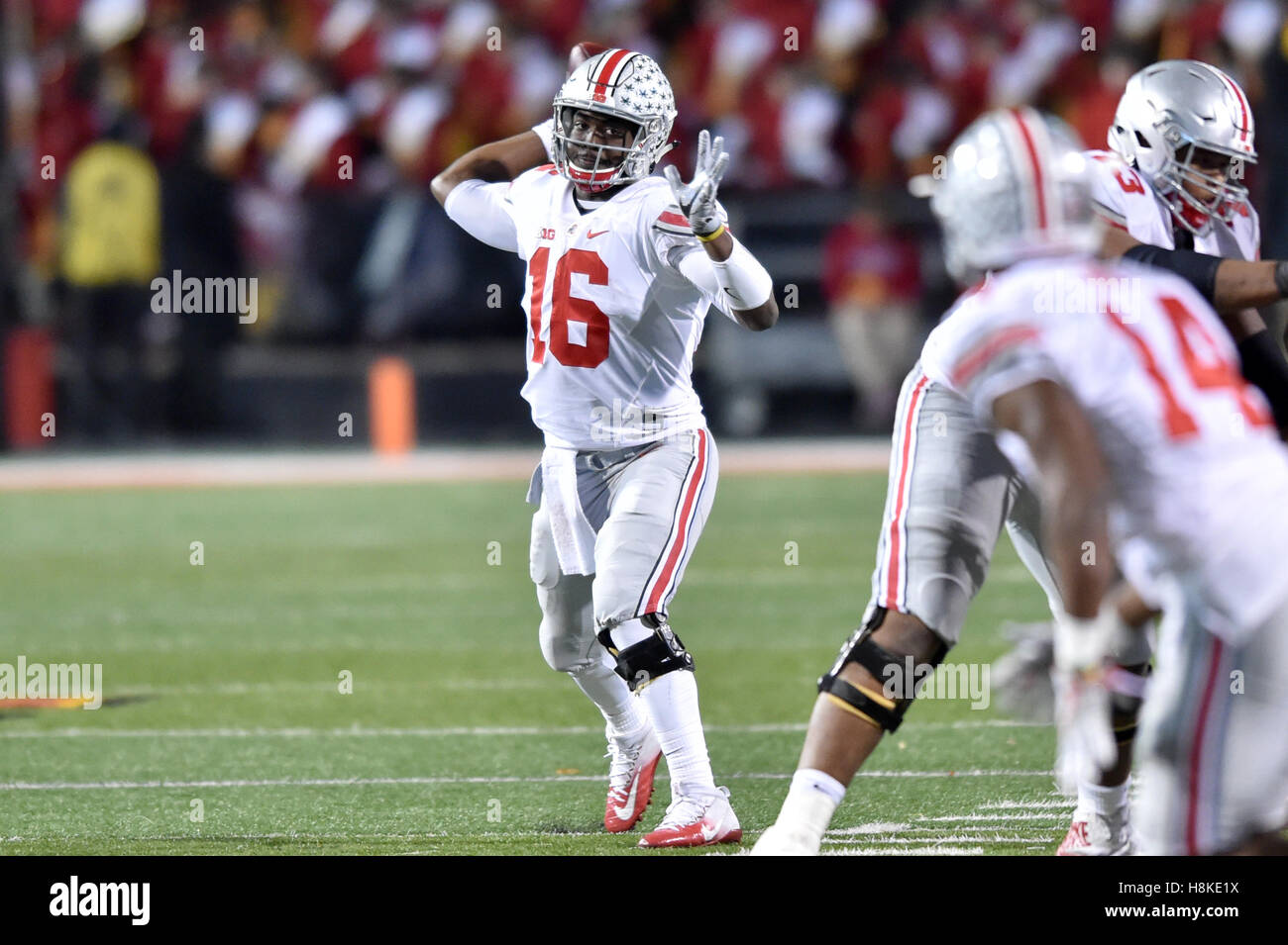 College Park, Maryland, USA. 12th Nov, 2016. Ohio State Buckeyes quarterback J.T. BARRETT (16) fires a pass from the pocket during a game played at Maryland Stadium at College Park, MD. Ohio State beat Maryland 62-3. © Ken Inness/ZUMA Wire/Alamy Live News Stock Photo