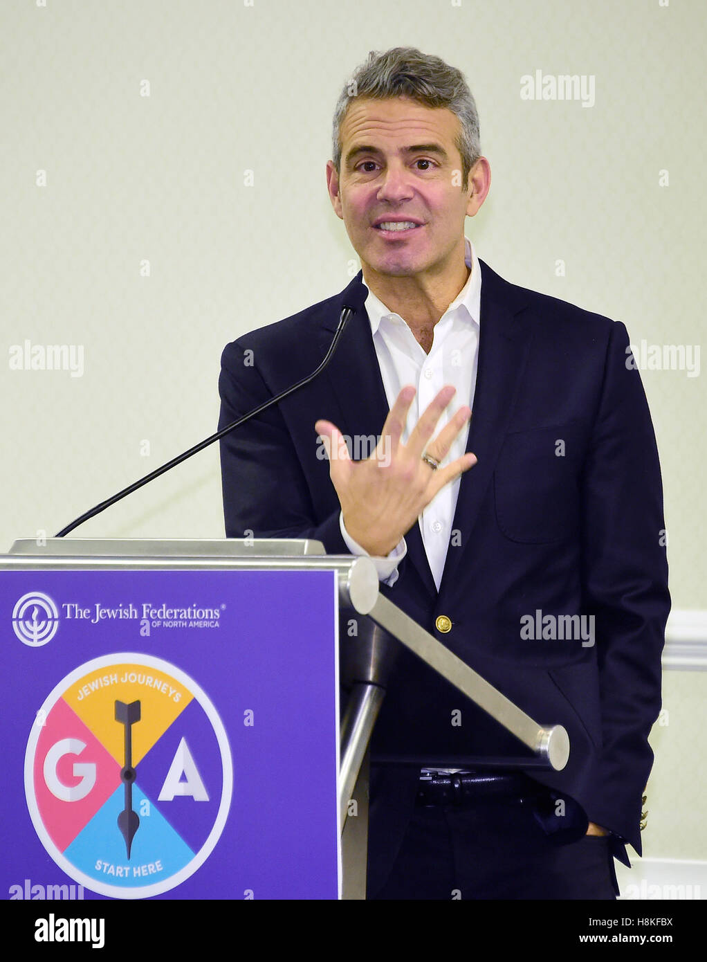 Andy Cohen, Emmy Award-winning television host and developer of the 'Real Housewives' franchise, addresses more than a hundred top Jewish leaders over lunch at an exclusive session during the General Assembly of the Jewish Federations of North America on Sunday, November 13, 2016. Speaking for nearly an hour at the Washington Hilton in Washington, DC, he spoke at length about his Jewish roots and his new tell-all book 'Superficial: More Adventures from the Andy Cohen Diaries,' due out this week. Credit: Ron Sachs/CNP · NO WIRE SERVICE · Stock Photo