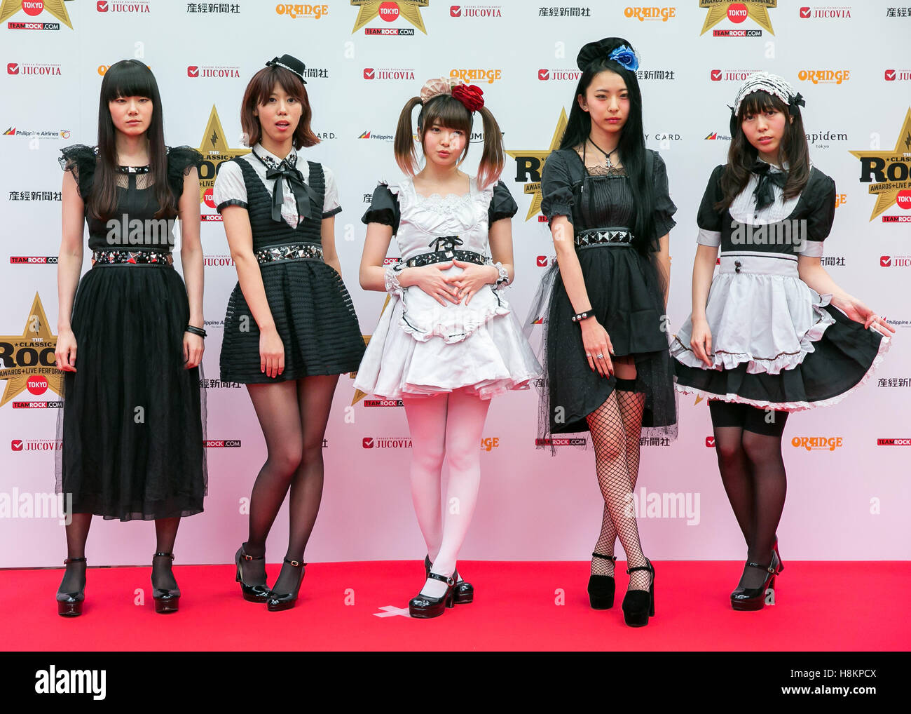 Tokyo, Japan - Japanese female rock group BAND-MAID pose for photographers on the red carpet during the Classic Rock Awards 2016 at Ryougoku Kokugikan Stadium in Tokyo, Japan on November 11, 2016. © AFLO/Alamy Live News Stock Photo