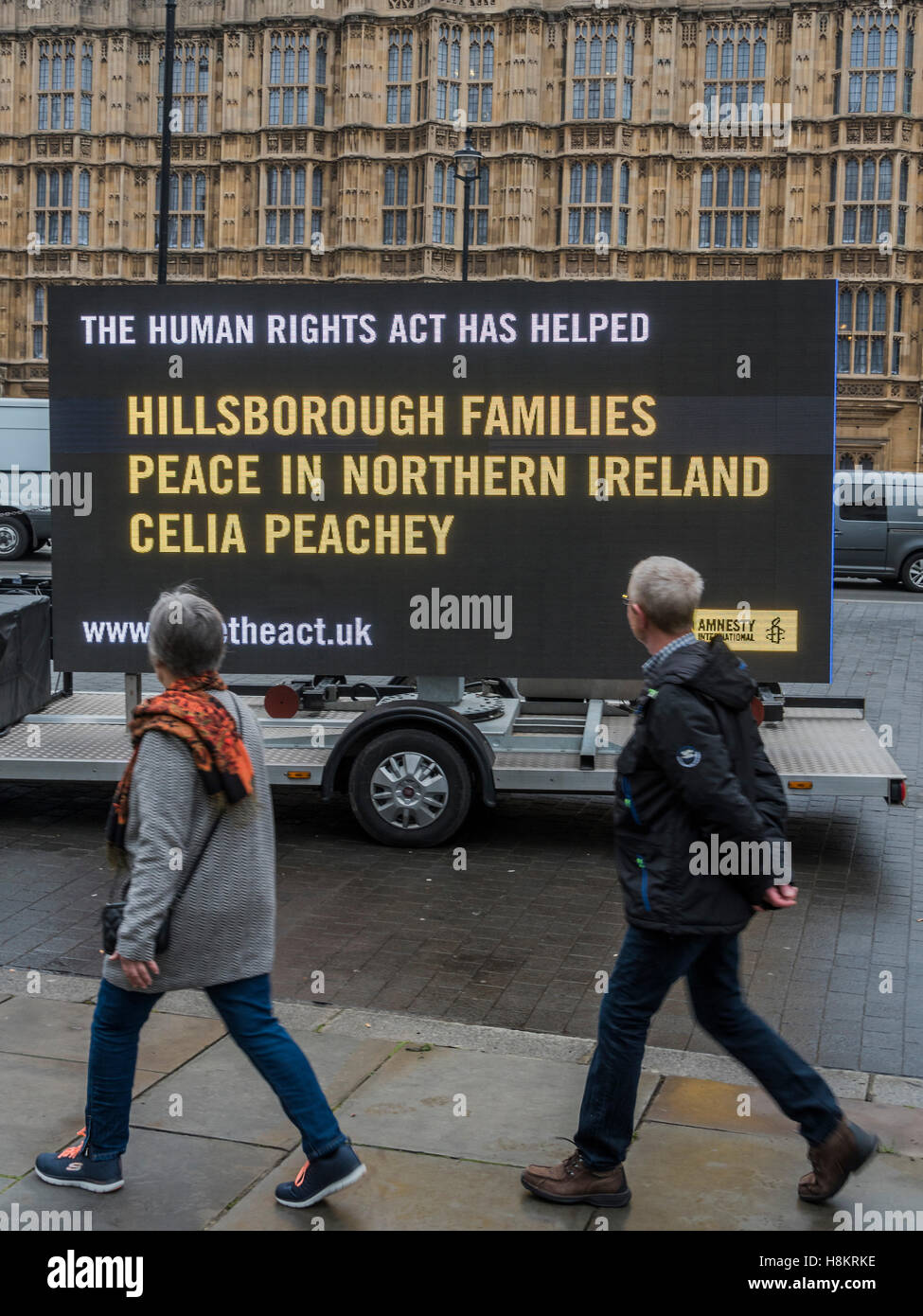 Westminster, London, UK. 15th November, 2016. Amnesty International launch extensive ad campaign highlighting importance of Human Rights Act for Hillsborough. Relatives of some of the victims of the Hillsborough disaster today issued a call on Theresa May to keep the Human Rights Act. The call comes as Amnesty International published a new YouGov poll which found that most people (70%) in the UK who expressed an opinion were unaware of the role the Human Rights Act played in the historic inquest. Credit:  Guy Bell/Alamy Live News Stock Photo