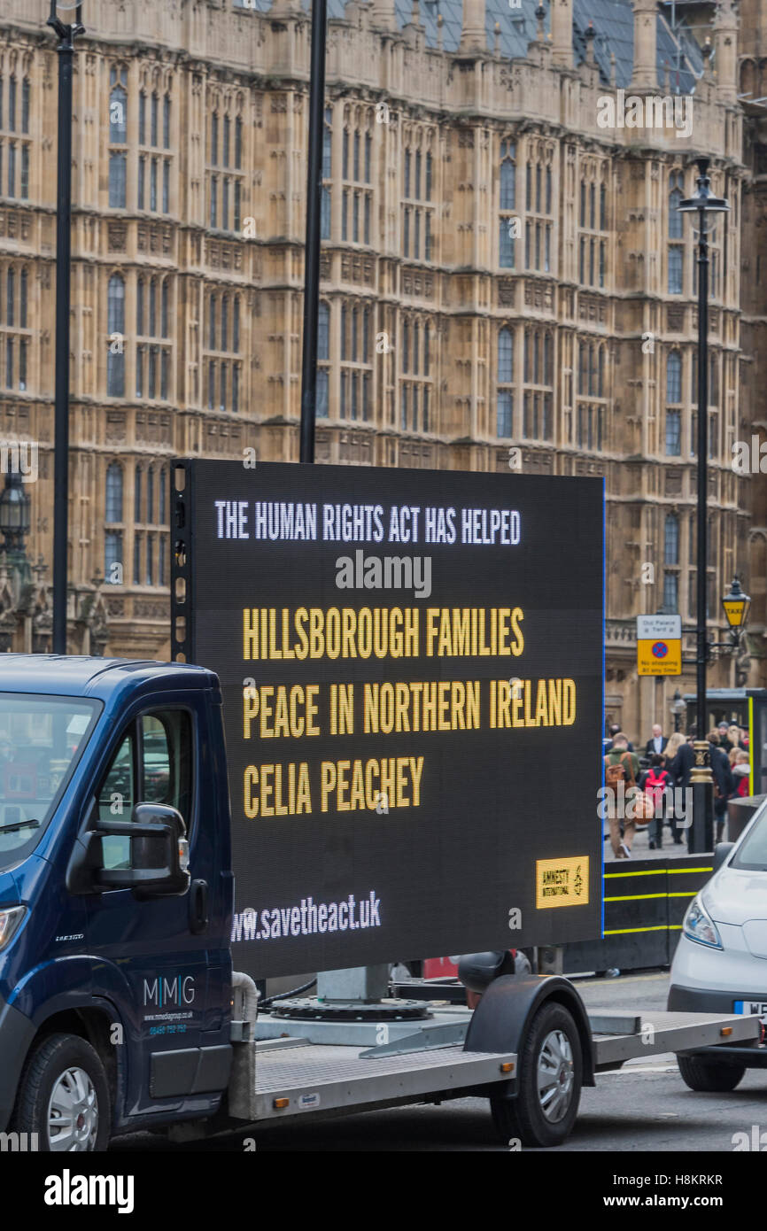 Westminster, London, UK. 15th November, 2016. Amnesty International launch extensive ad campaign highlighting importance of Human Rights Act for Hillsborough. Relatives of some of the victims of the Hillsborough disaster today issued a call on Theresa May to keep the Human Rights Act. The call comes as Amnesty International published a new YouGov poll which found that most people (70%) in the UK who expressed an opinion were unaware of the role the Human Rights Act played in the historic inquest. Credit:  Guy Bell/Alamy Live News Stock Photo