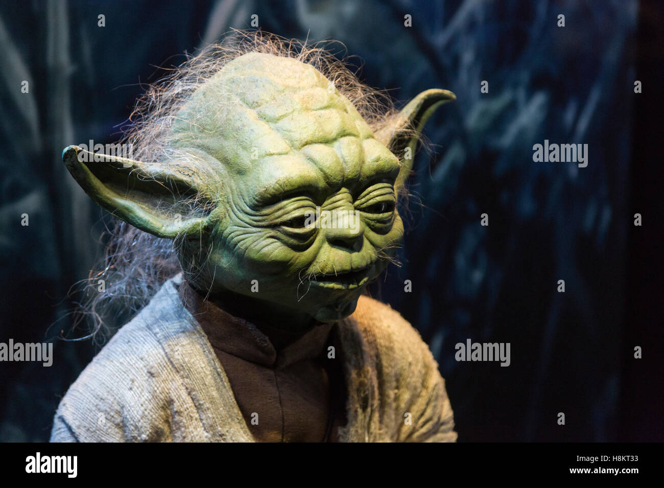 London, UK. 15 November 2016. Yoda figure in a display case. The groundbreaking exhibition Star Wars Identities explores the complex notion of identity through the characters of Star Wars. Visitors are taken on an interactive identity quest and can view an exclusive collection of 200 props, models, costumes and artwork from the Star Wars film. The exhibition is open to the public from 18 November 2016 to 3 September 2017 at the O2. Credit:  Bettina Strenske/Alamy Live News Stock Photo