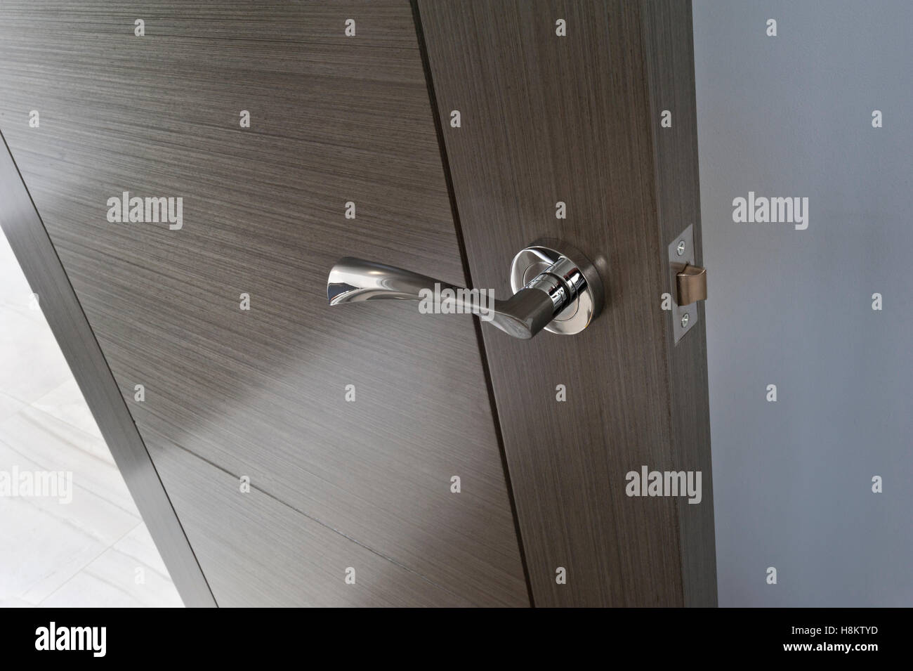 Modern door and handle close view on contemporary high quality interior domestic door and handle