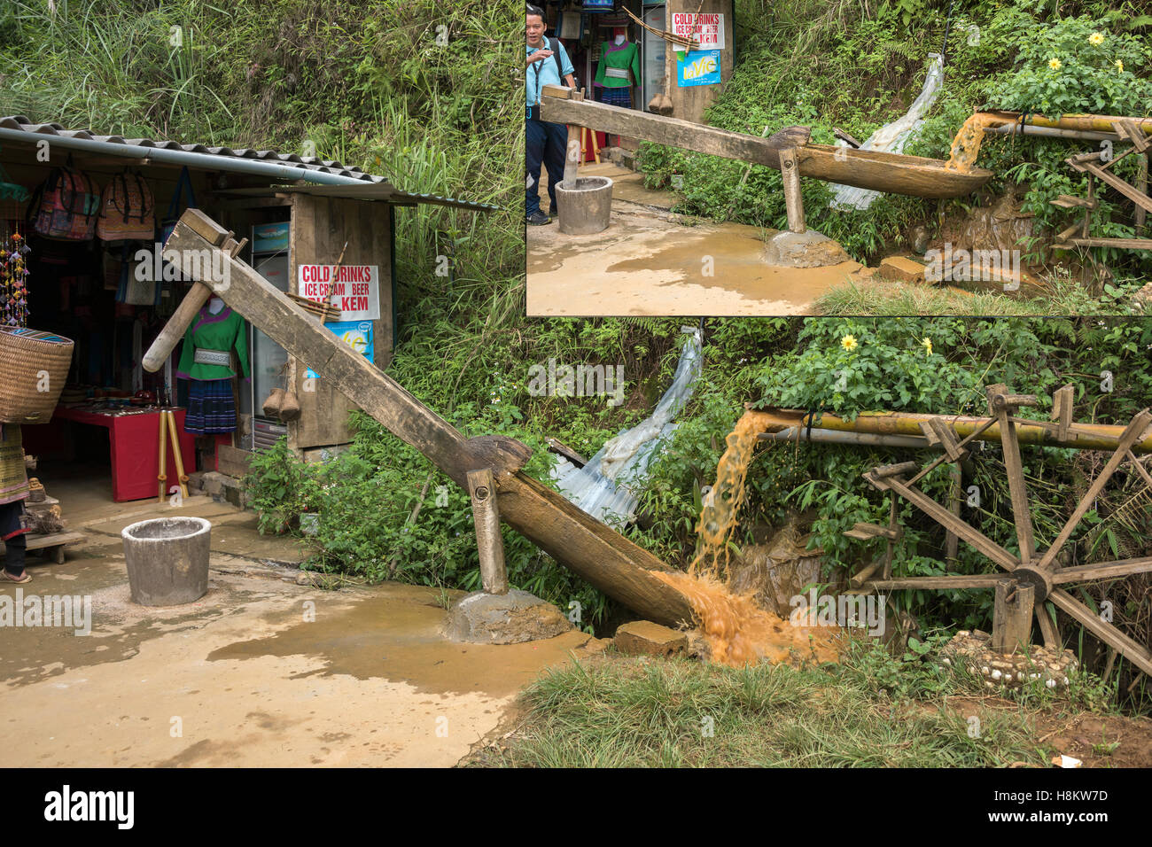 Water driven rice pounding mortar, Ta Van valley, Sa Pa, north Vietnam Stock Photo