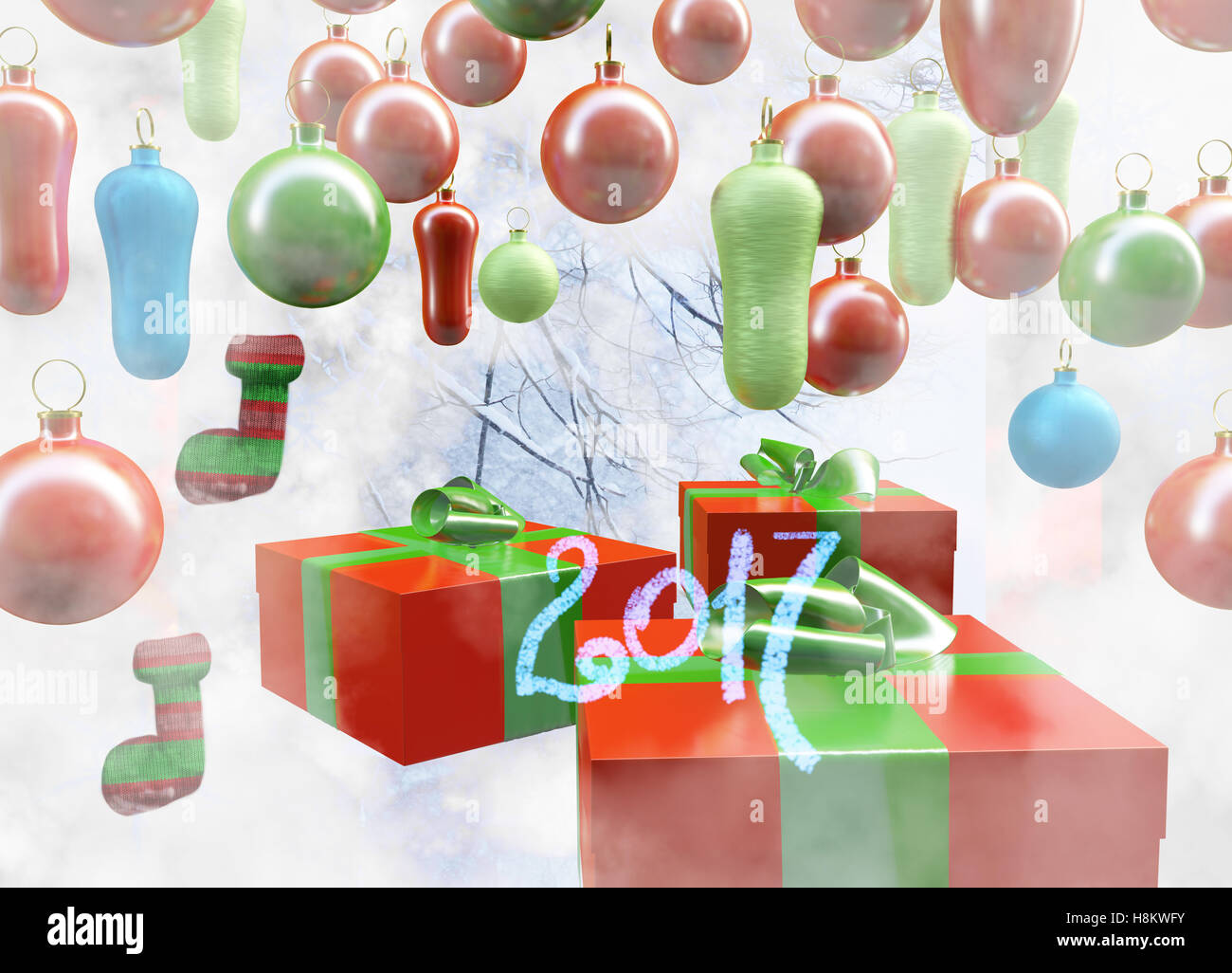 Christmas New Year colorful red and green gift boxes with bows of ribbons on background of colorful balls decorations . Greeting Stock Photo