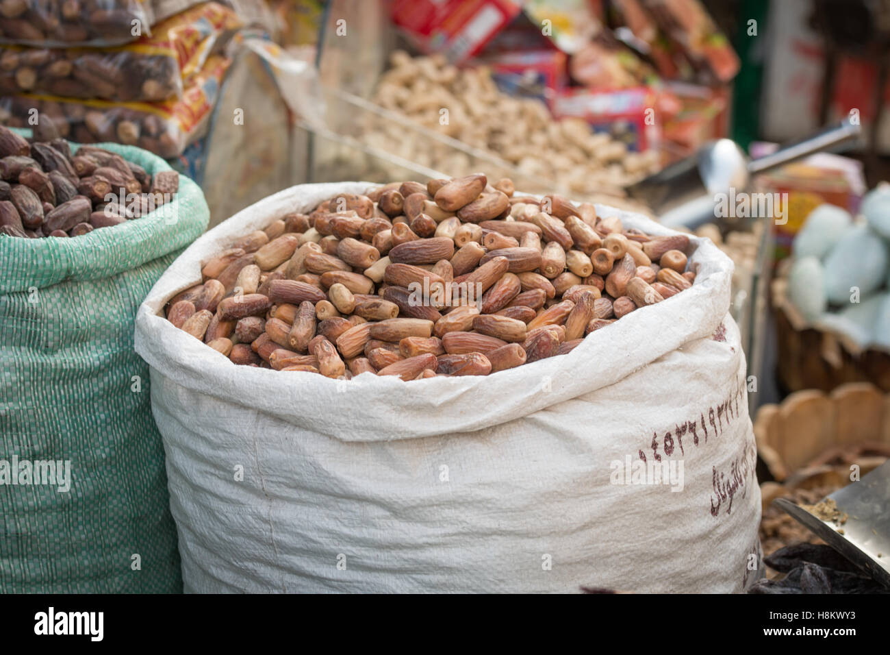 Cairo, Egypt. Close up of dates for sale in the outdoor bazaar/ flea market Khan el-Khalili in Cairo. Stock Photo