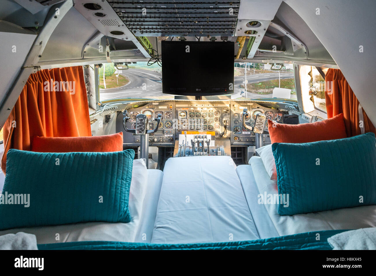 Stockholm, Arlanda, Sweden - The cockpit room at the Jumbo Stay (Jumbohostel), a hostel that is a converted Boeing 747 airliner. Stock Photo