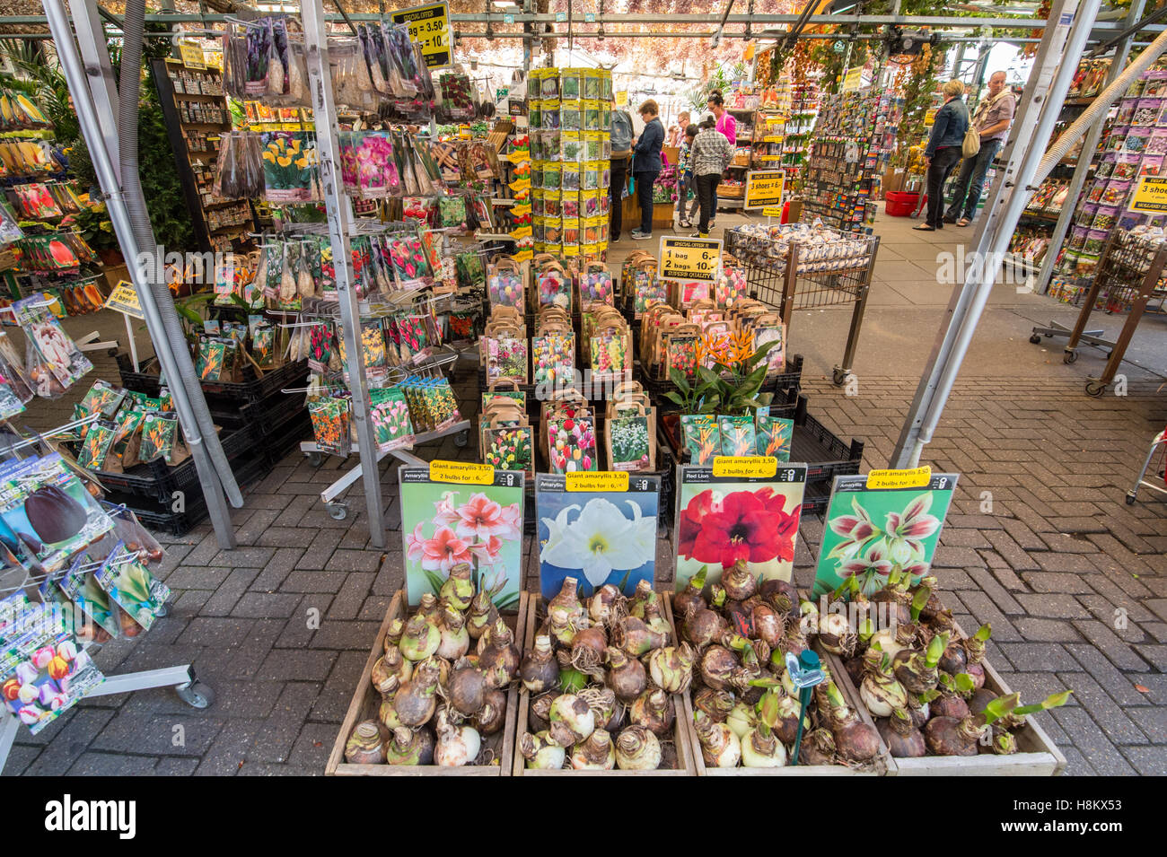 Amsterdam, Netherlands large array of flower bulbs and seeds for sale in an outdoor market. Stock Photo