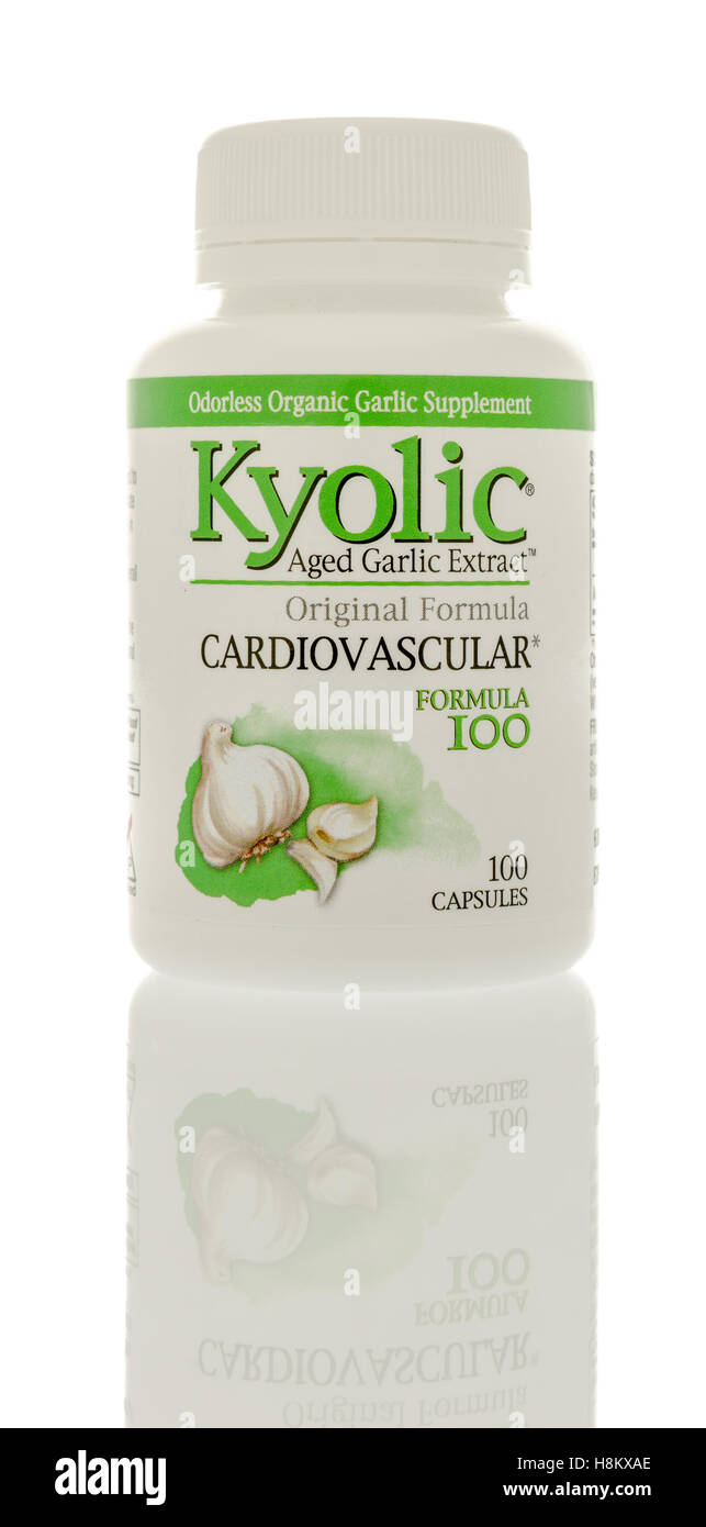 Winneconne, WI - 13 November 2016: Bottle of Kyolic aged garlic extract capsules on an isolated background. Stock Photo