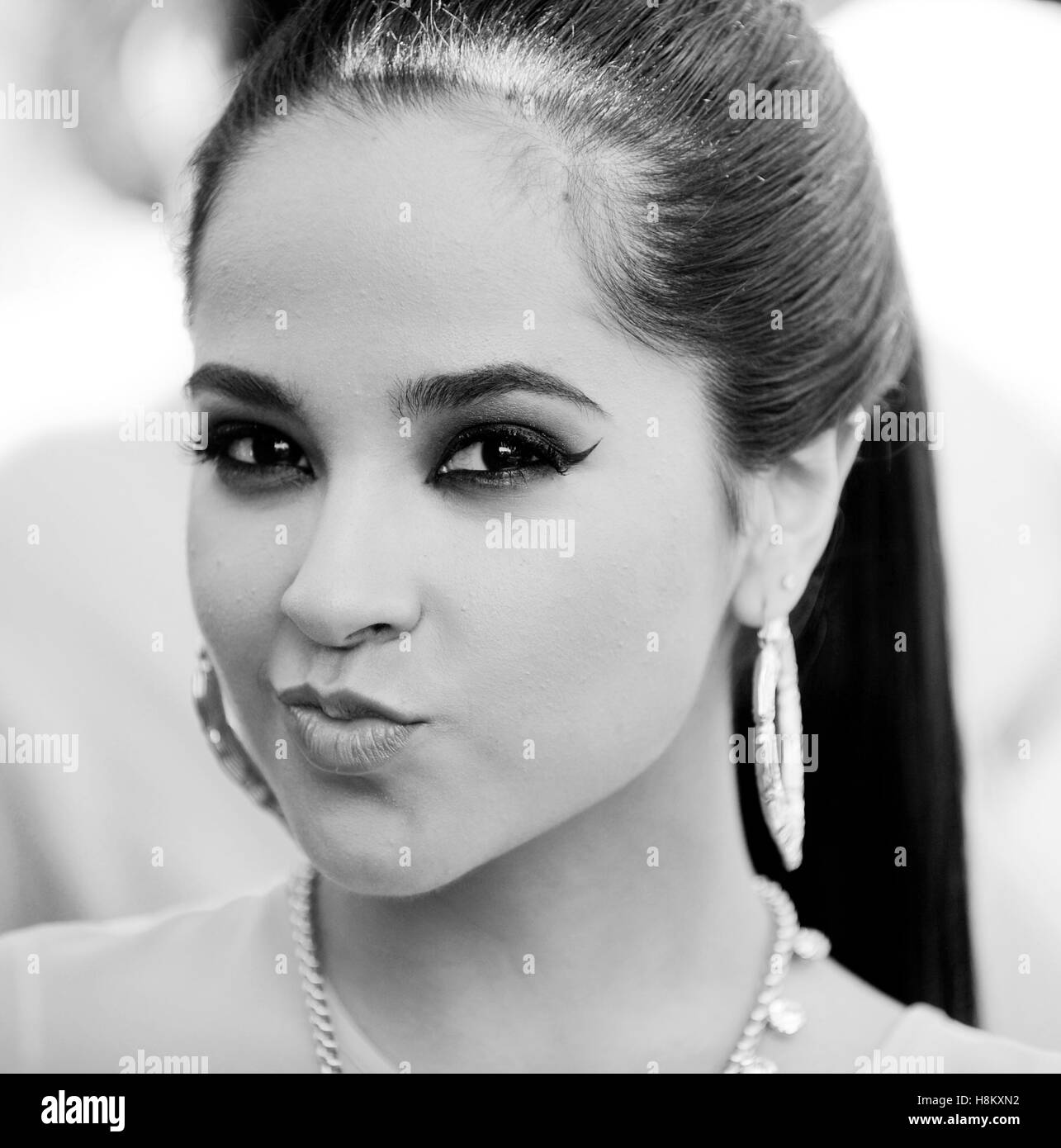 Becky G backstage portrait at the 2013 Power 106 Powerhouse concert at the Honda Center in Anaheim, California. (Digitally altered black and white) Stock Photo