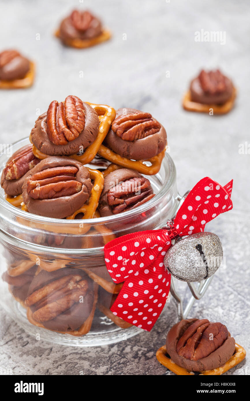 Chocolate Caramel Pecan Pretzel Bites in a jar Stock Photo Alamy