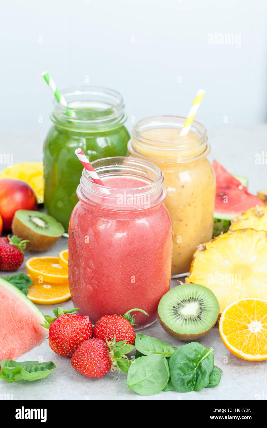 Fruits, berries and jars of fresh smoothie Stock Photo Alamy