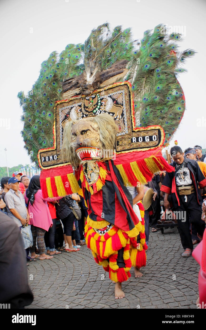 Reog Ponorogo, a traditional dance art that origins from Ponorogo, East Java, Indonesia in a carnival. Stock Photo