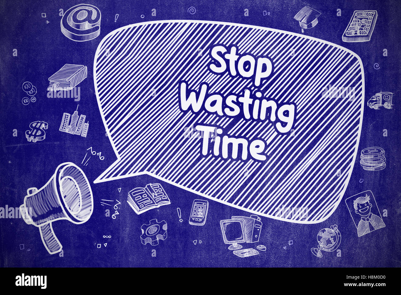 Stop Wasting Time - Doodle Illustration on Blue Chalkboard. Stock Photo