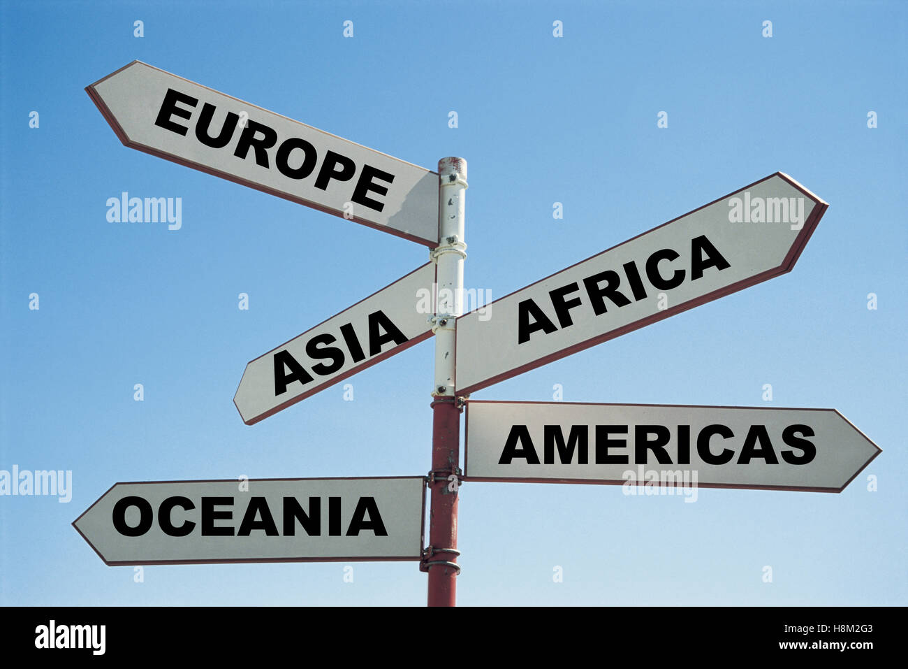 5 continents of the world on a sign post Stock Photo