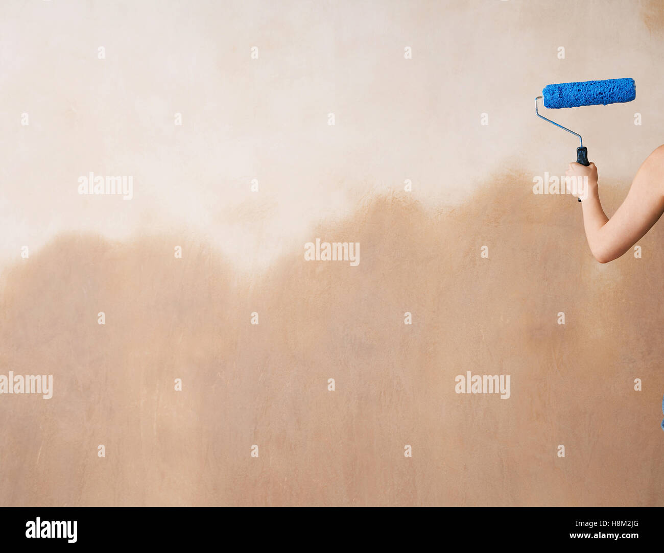 Rear view of a cropped woman painting wall with paint roller Stock Photo