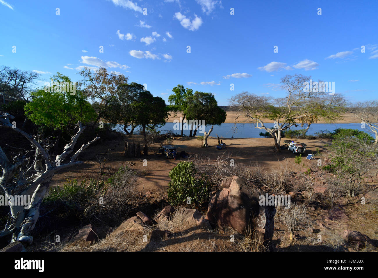 Scenic view of a camp site overlooking the Runde river in Gonarezhou Stock Photo
