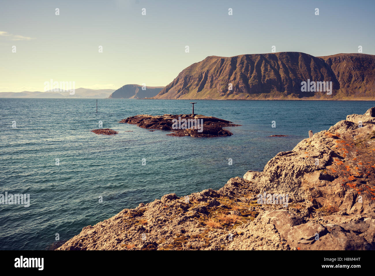 View of the fjord. Beautiful nature Norway. Arctic bay. Honningsvag city Stock Photo