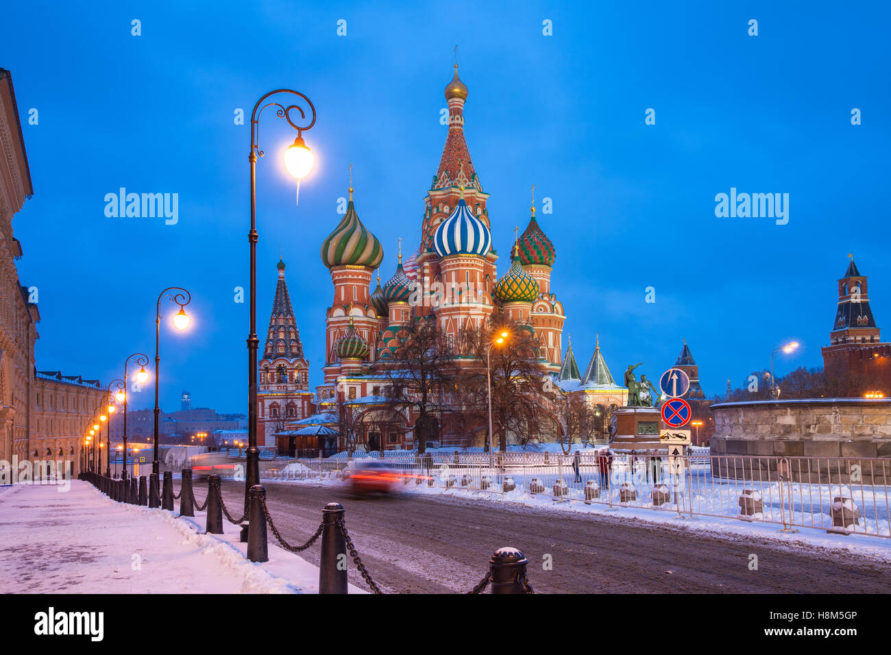 Dusk view of St. Basils Cathedral in winter, Red Square, Moscow, Russia Stock Photo