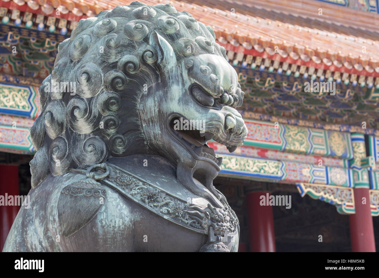 Beijing China - Detail of a bronze guardian lion statue (Shi) with the ornamented architecture of the Palace Museum in the backg Stock Photo