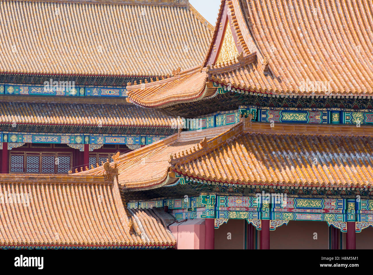 Beijing China - Detail of the ornamented roof and architecture of the Palace Museum located in the Forbidden City. Stock Photo