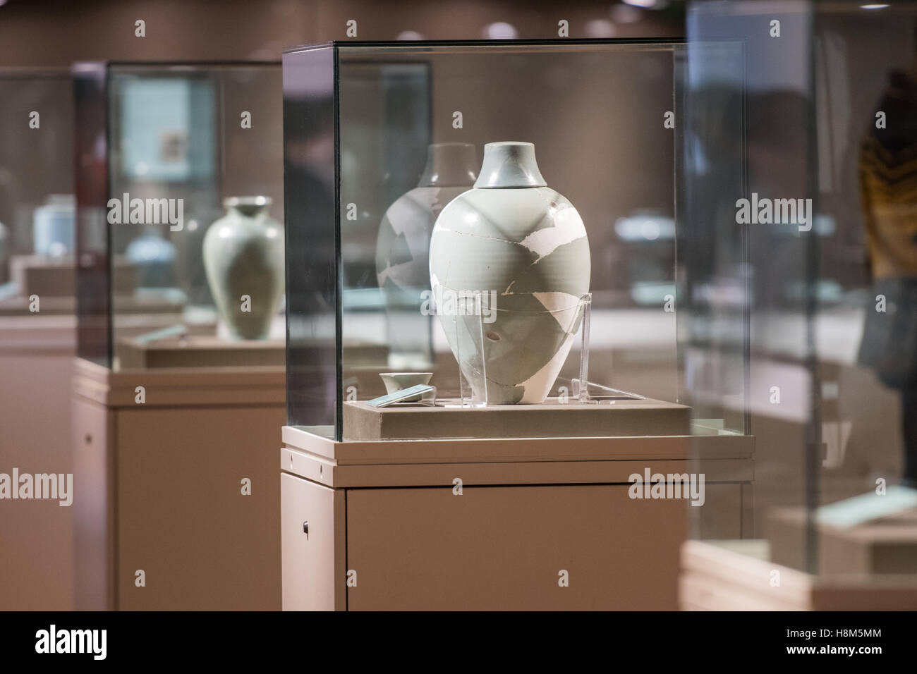 Beijing China - Ancient vases and other types of pottery and artifacts inside the Palace Museum located in the Forbidden City. Stock Photo