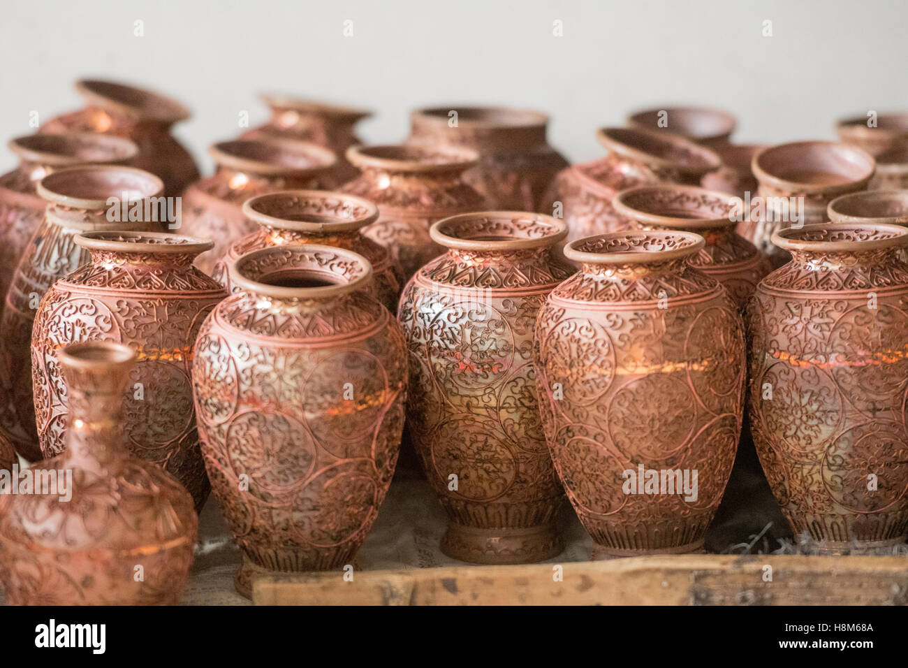 Beijing, China - Elaborately decorated unpainted CloisonnŽ vases inside a CloisonnŽ Factory near Beijing, China. Stock Photo