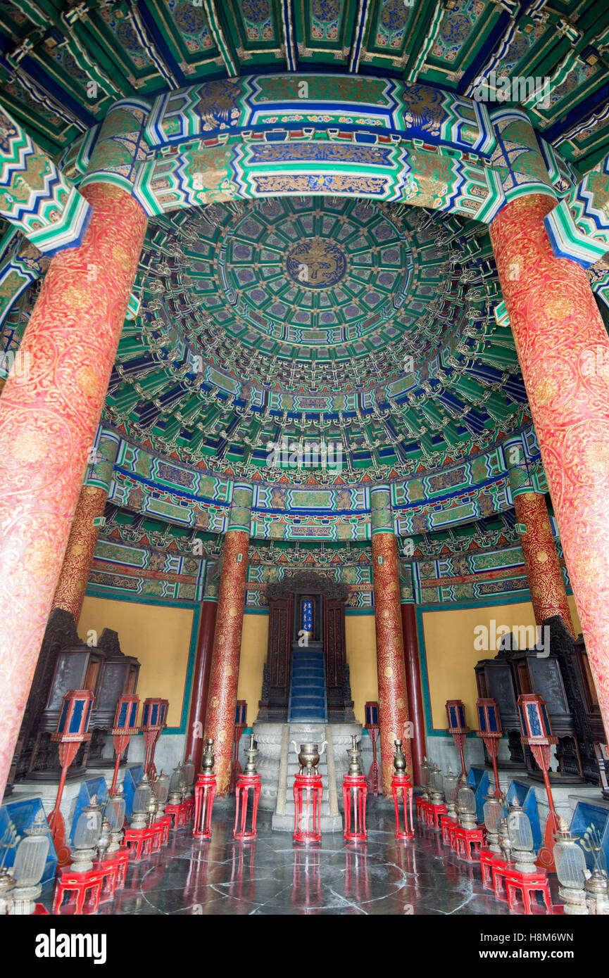 Beijing, China - Ornately decorated interior of the Temple of Heaven, an imperial sacrificial altar located in Central Beijing. Stock Photo