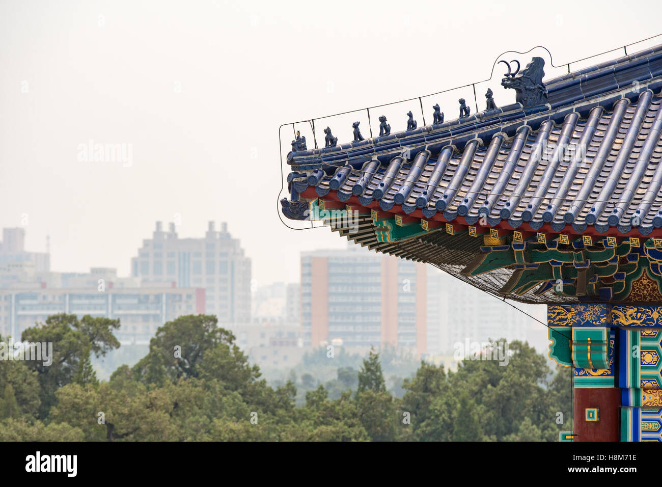 Beijing, China - Ornate roof of the Temple of Heaven, an imperial sacrificial altar located in Central Beijing. Stock Photo