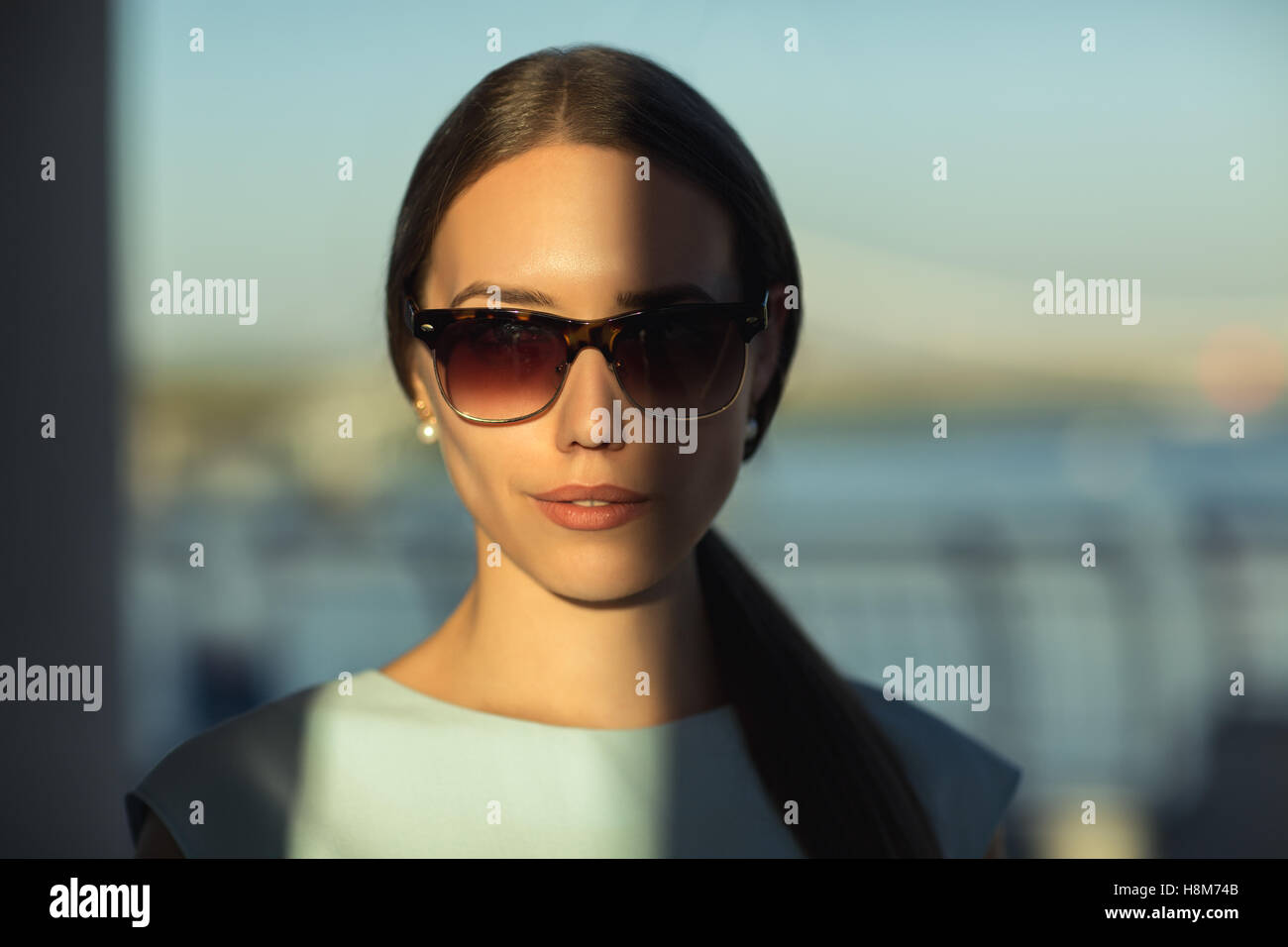 Close up fashion portait of business woman outdoor. Stock Photo