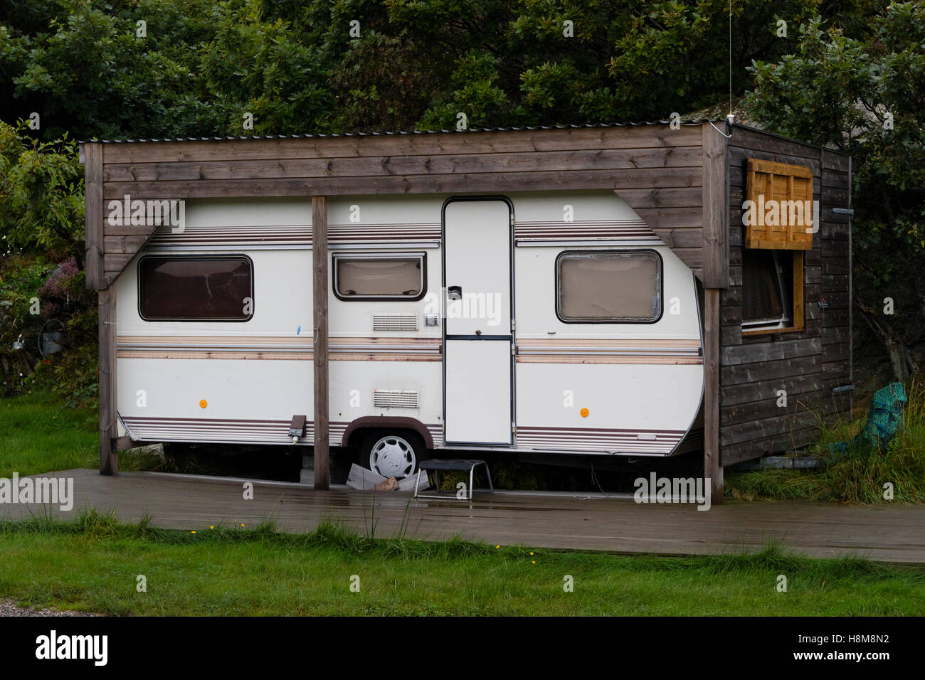 Hidden and protected caravan in Lindesnes, Norway Stock Photo