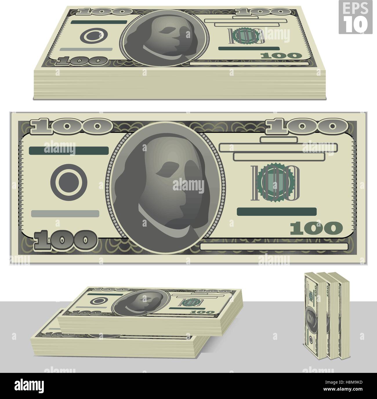One hundred dollar bill and stacks of money isolated on white Stock Vector