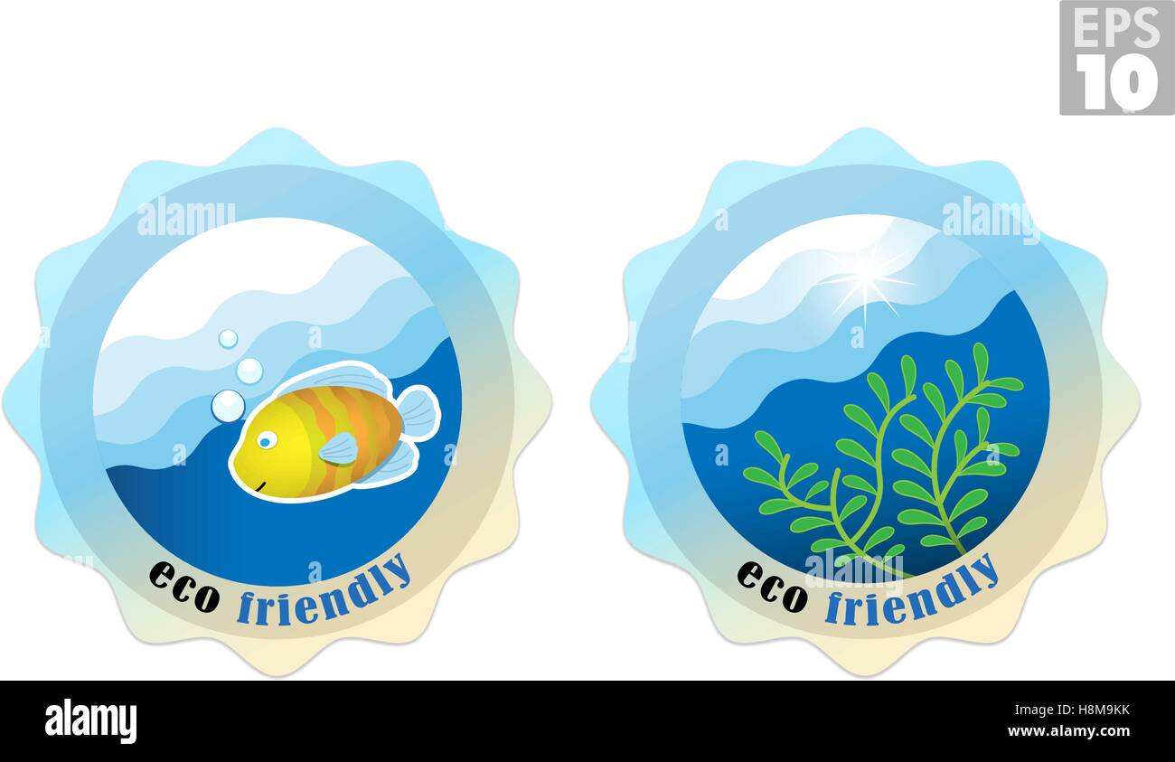 Eco friendly labels for ocean water, fish, seaweed, sea life Stock