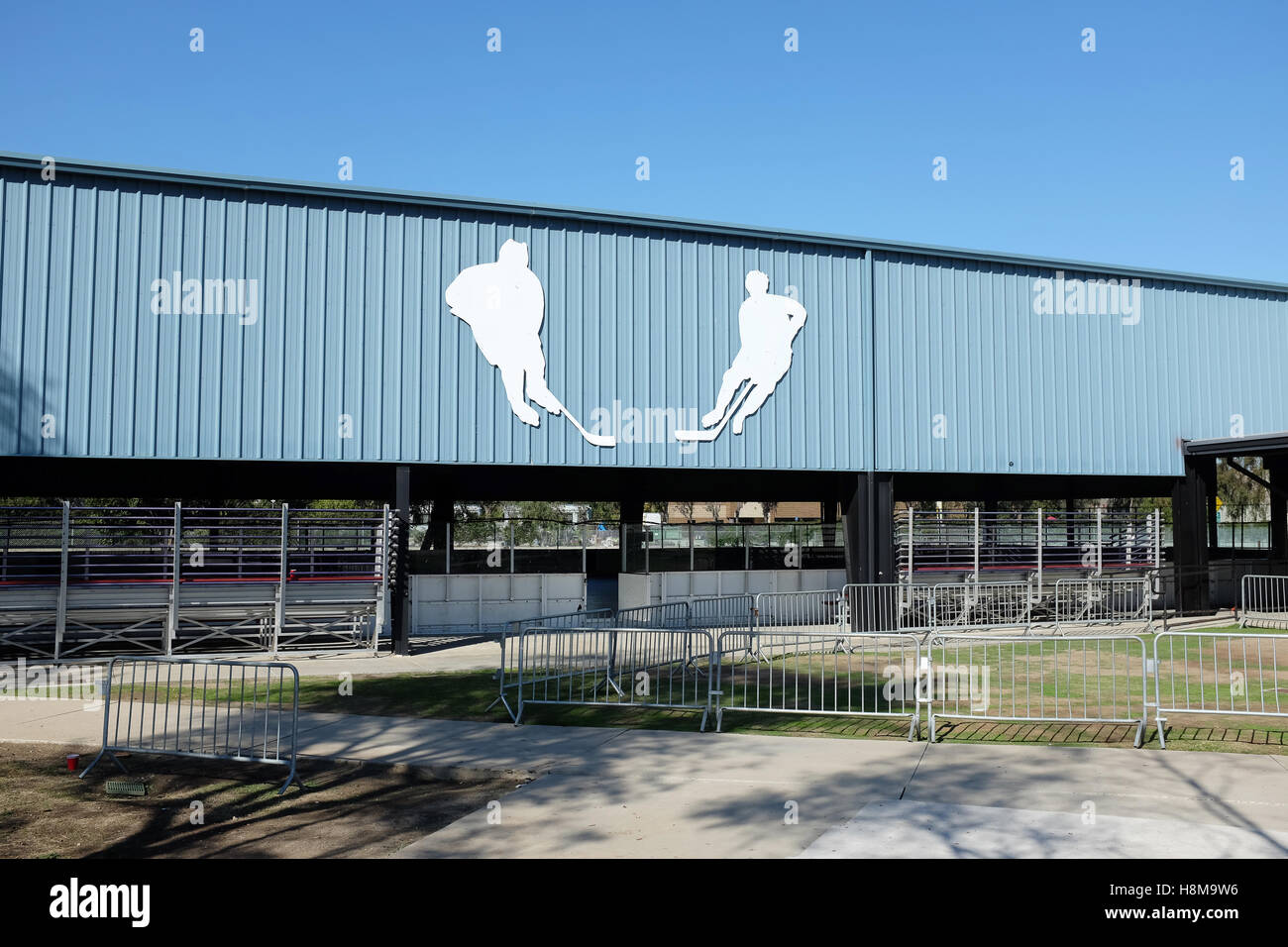 Hockey Player Silhouettes at The Rinks roller hockey rink in Irvine, California. Stock Photo