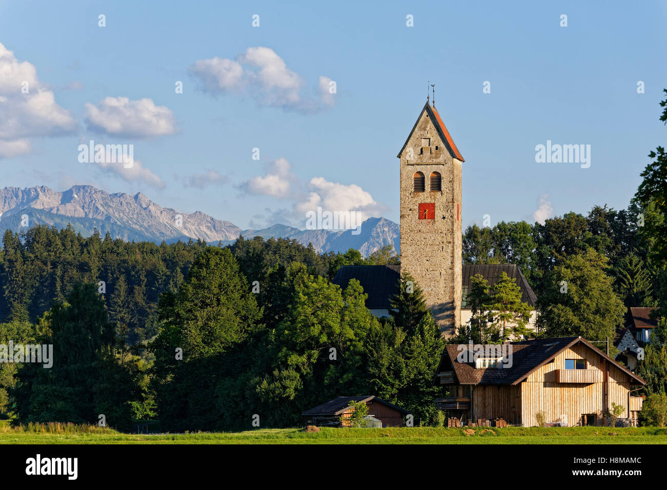 Church of St. Maurice in Stein im Allgäu, mountain range behind, Immenstadt im Allgäu, Swabia, Bavaria, Germany Stock Photo