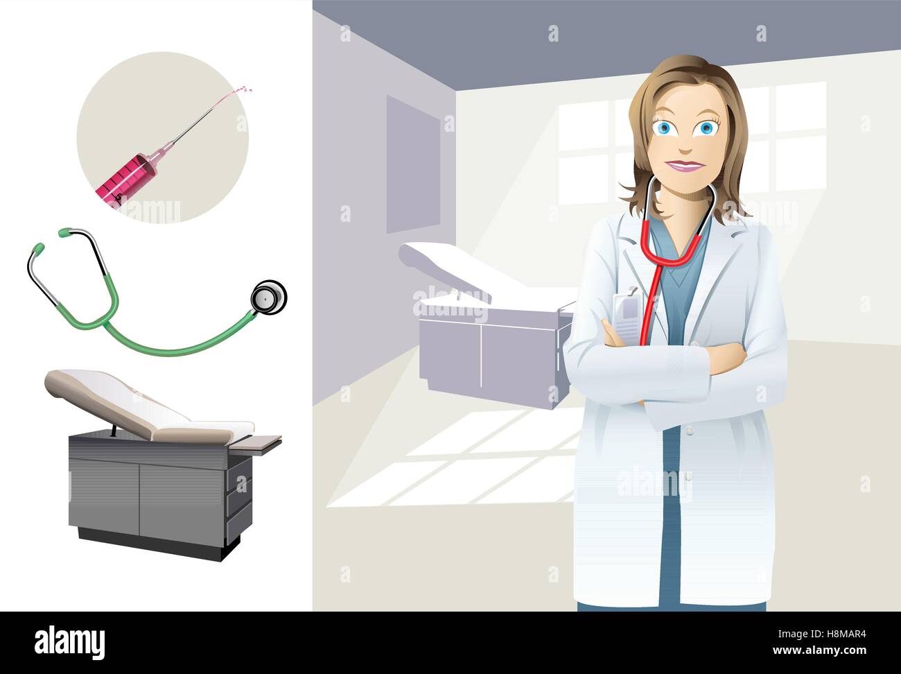 A female doctor wearing a white coat and stethoscope in a examination room. A syringe, stethoscope and examination chair Stock Vector