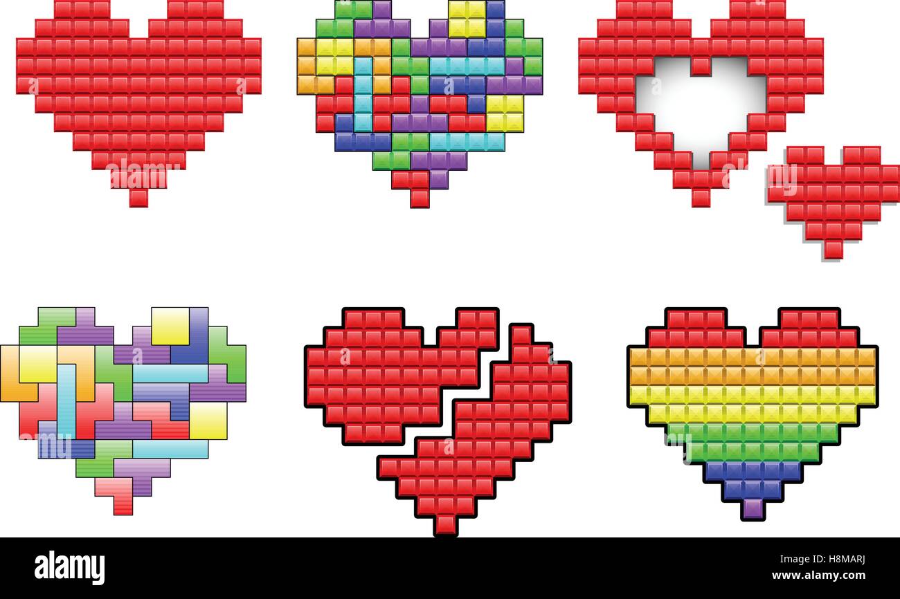 Hearts made out pixels and colorful puzzle pieces Stock Vector
