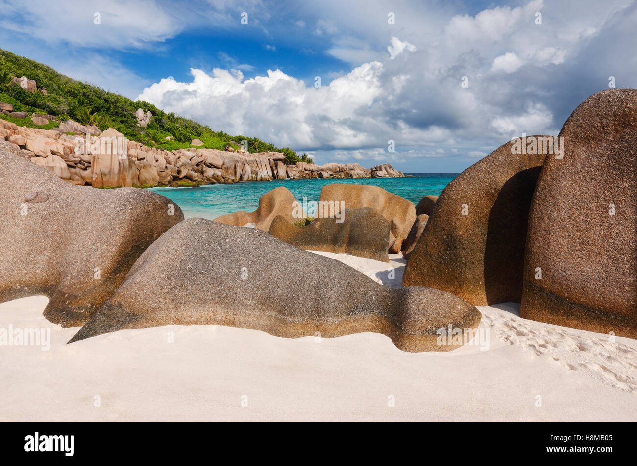 Granite rocks on Seychelles beach, La Digue Stock Photo