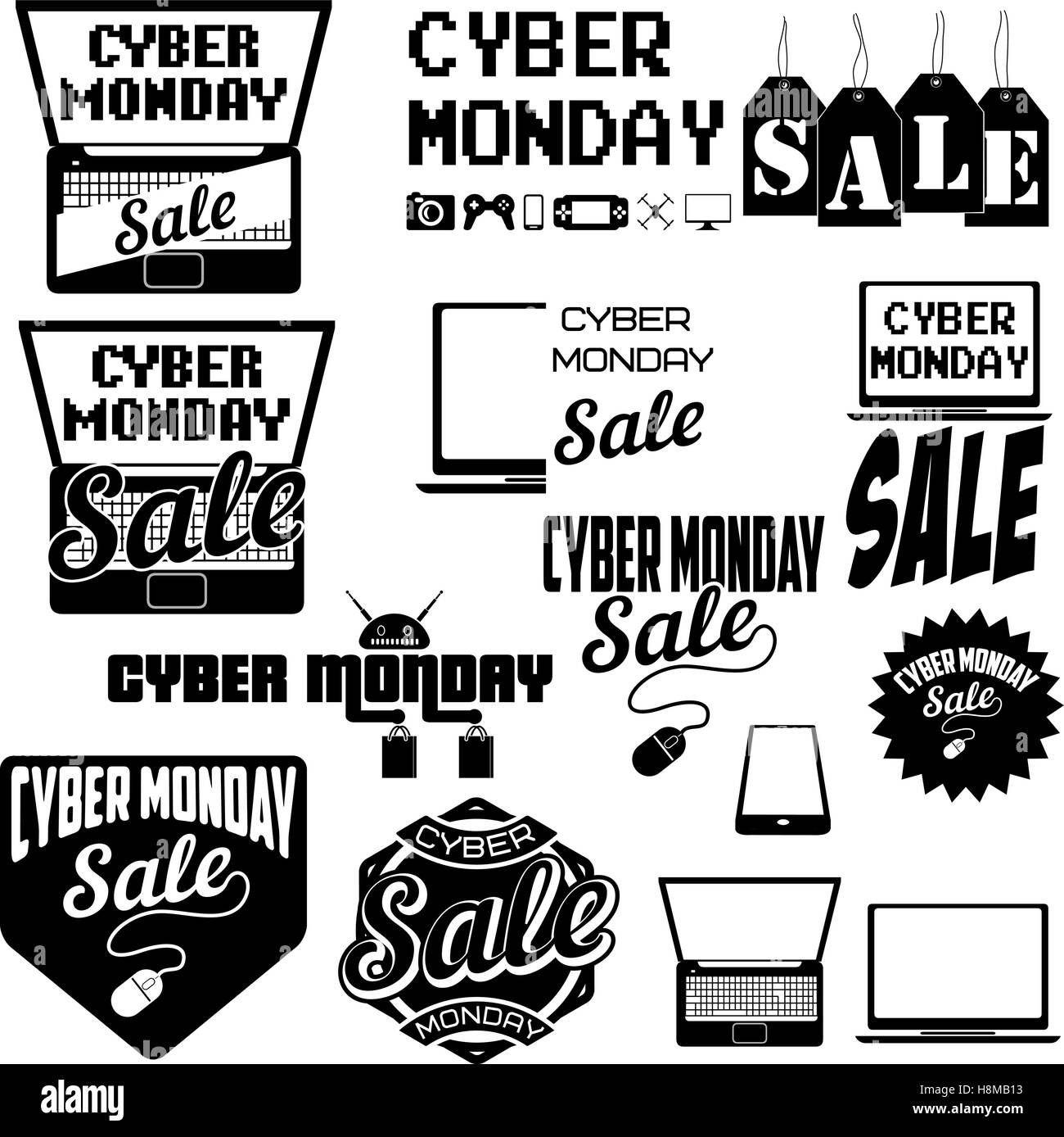 Set of cyber monday labels and badges on white background. Cyber Stock