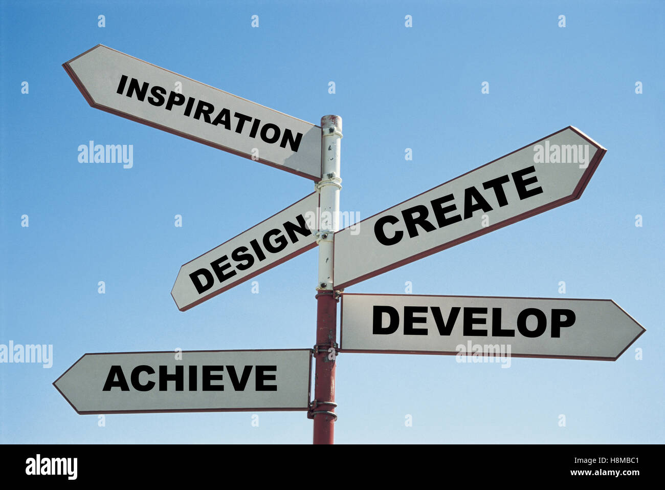 Create Inspiration design develop achieve sign post Stock Photo