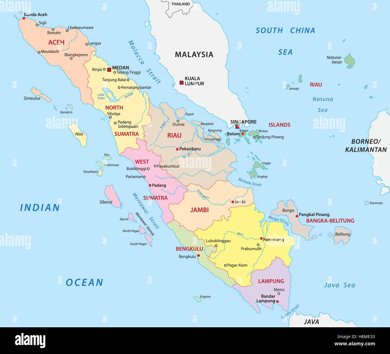 sumatra administrative map Stock Vector