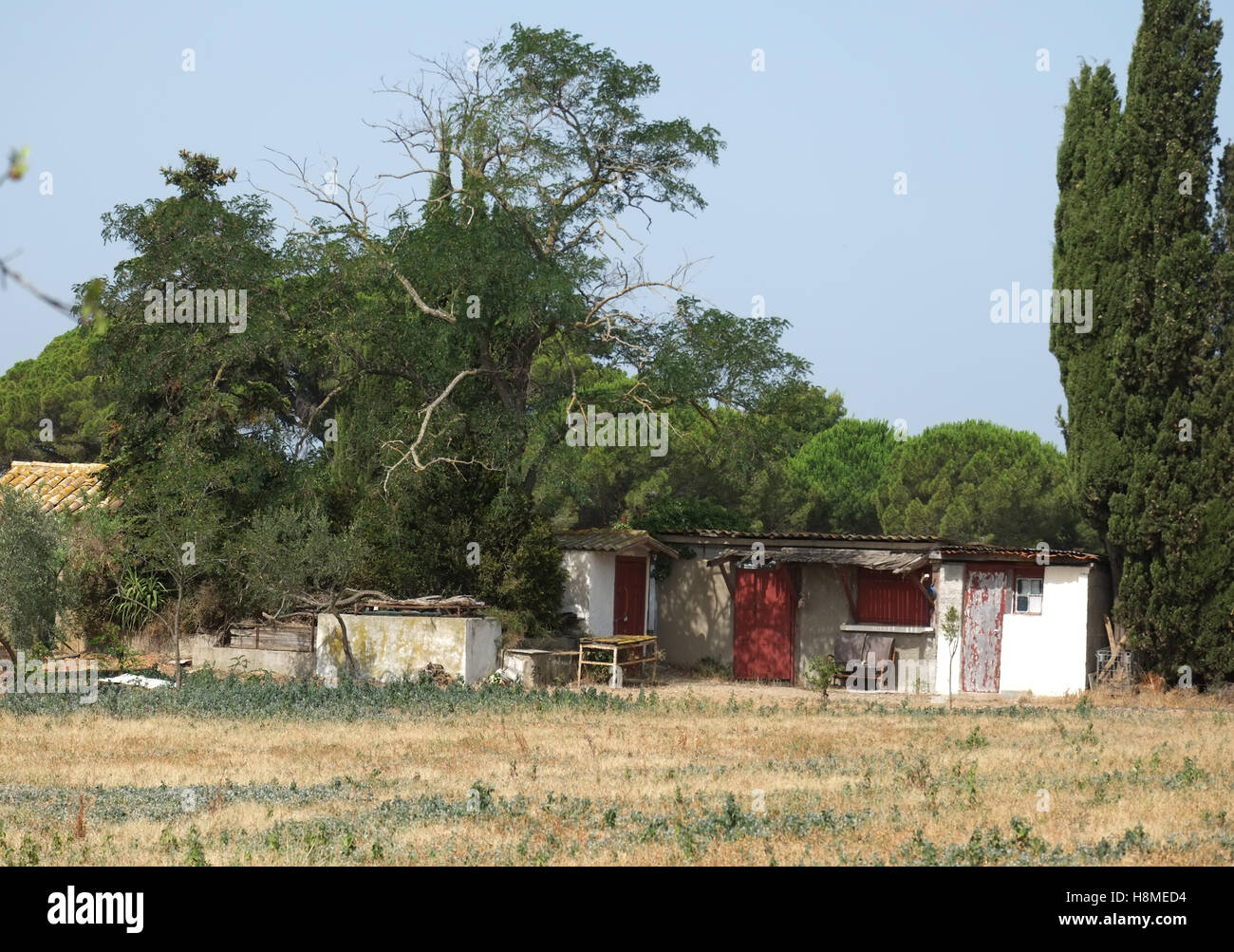 old character french architecture showing an outdoor shed, stable or store in the heat of summer Stock Photo