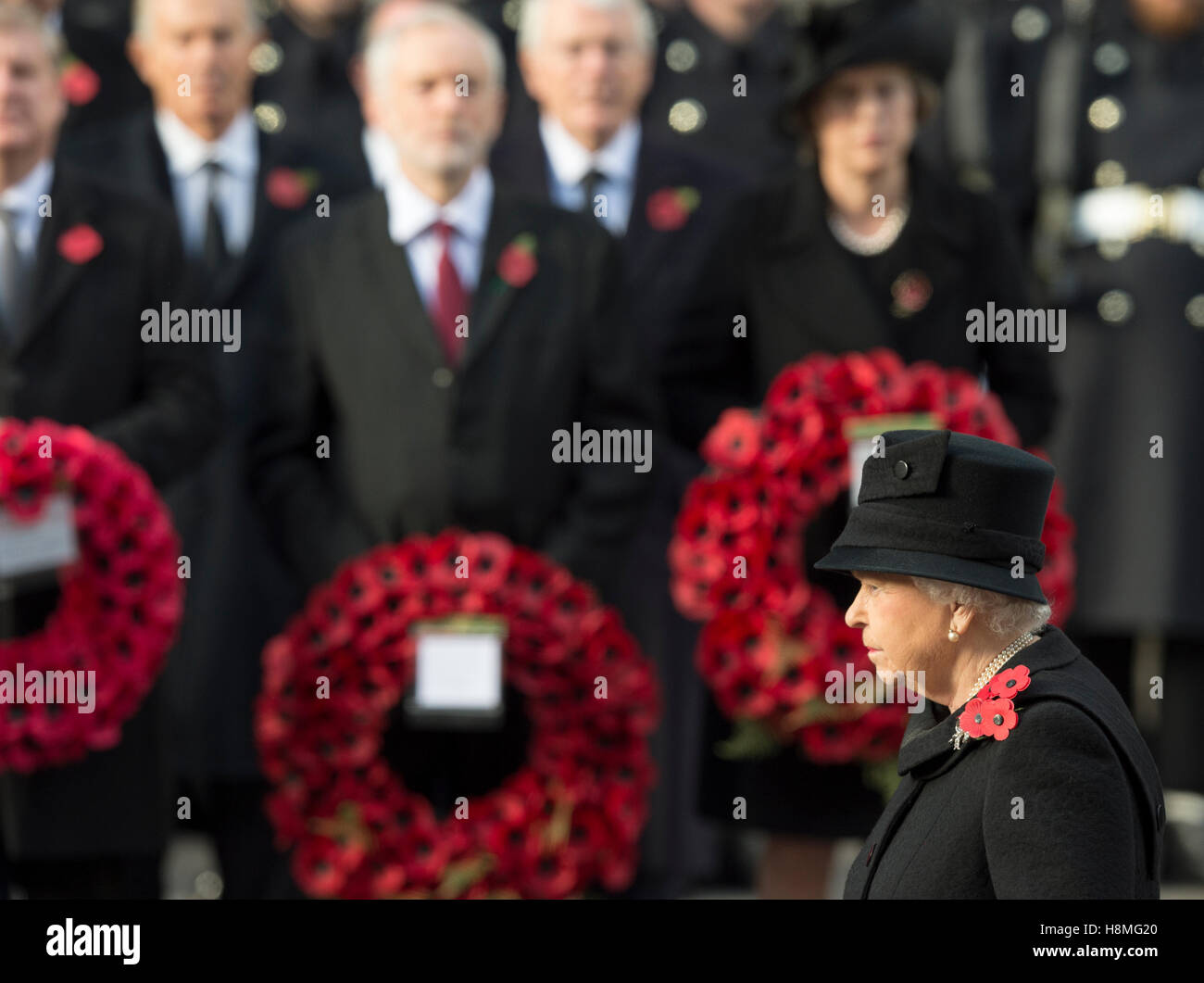 HM The Queen joins other members of the Royal family and members of her government at The Cenotaph on Remembrance Sunday Stock Photo
