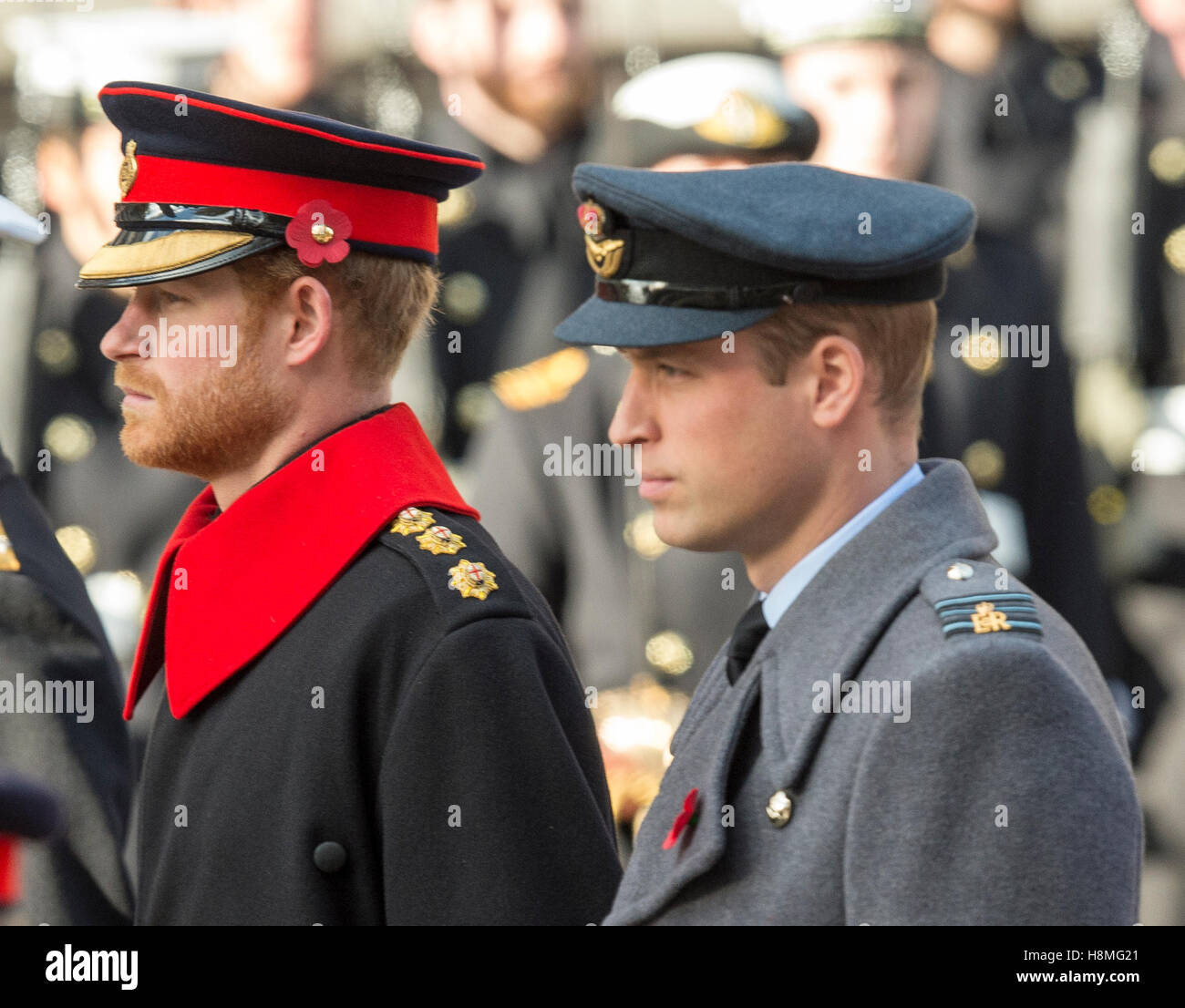 Prince William and Prince Harry join HM The Queen and other members of the Royal Family at The Cenotaph in Whitehall, London. Stock Photo