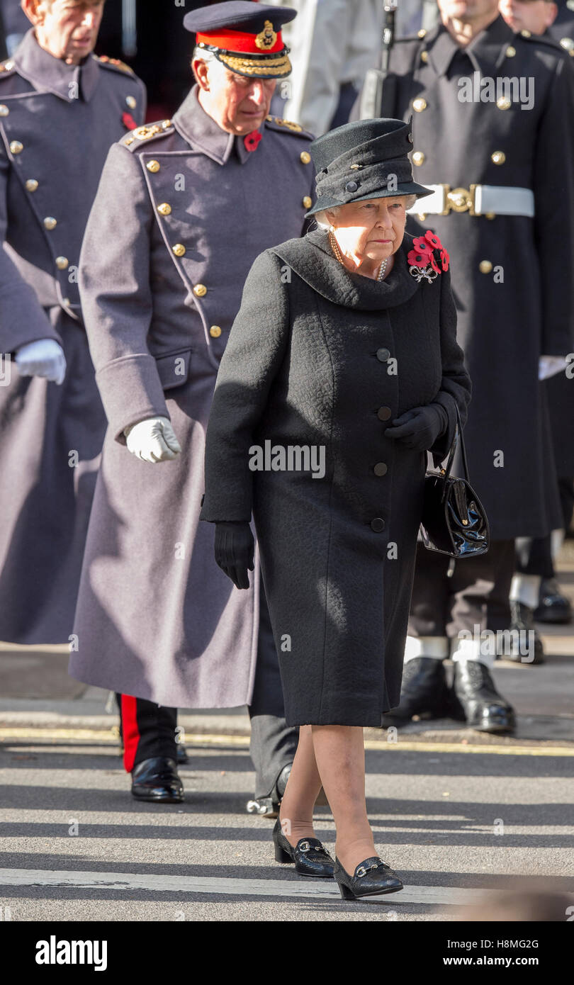 Prince Charles Prince of Wales and HM The Queen joins other members of the Royal family at The Cenotaph on Remembrance Sunday Stock Photo