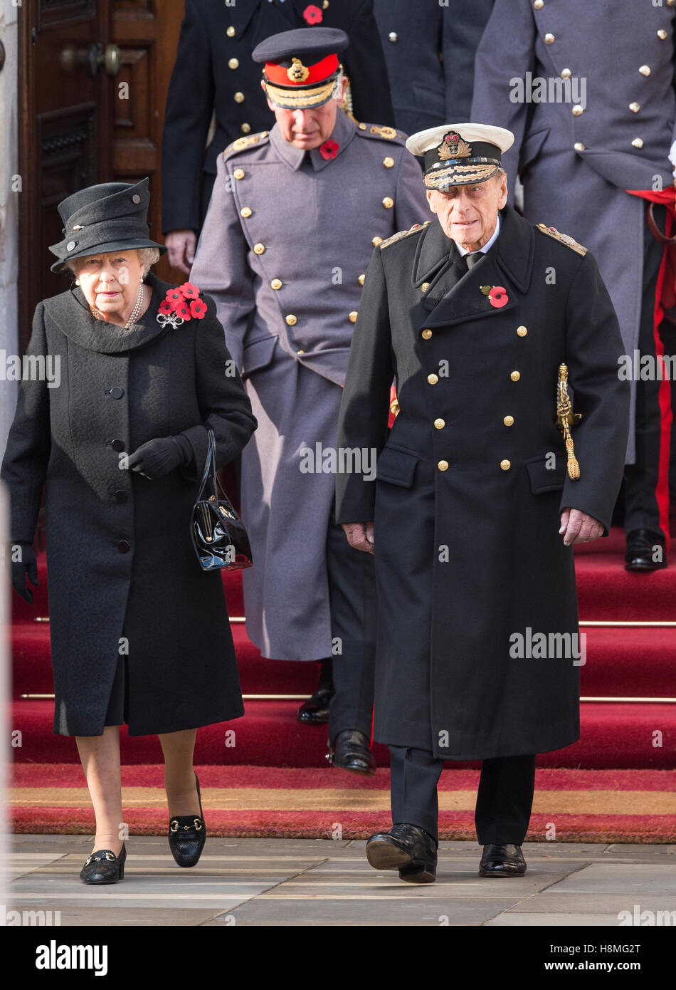 HM The Queen joins other members of the Royal family at The Cenotaph on Remembrance Sunday Stock Photo