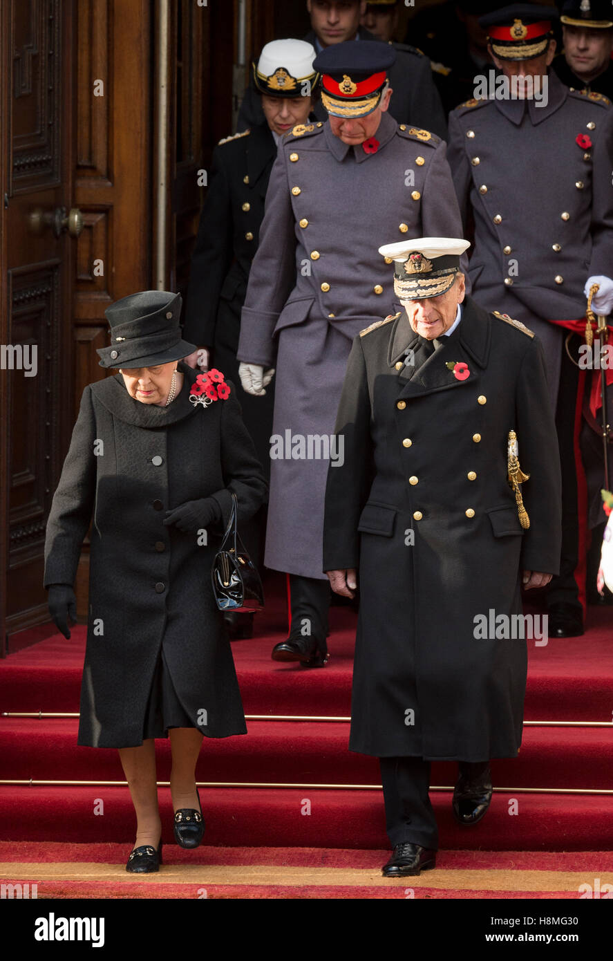 HM The Queen joins other members of the Royal family at The Cenotaph on Remembrance Sunday Stock Photo