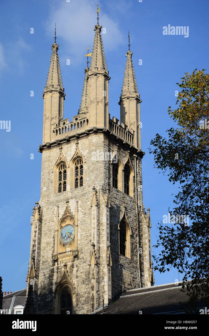 Tower of St Sepulchre-without-Newgate church, Snow Hill, near The Old Bailey, London, England, UK Stock Photo