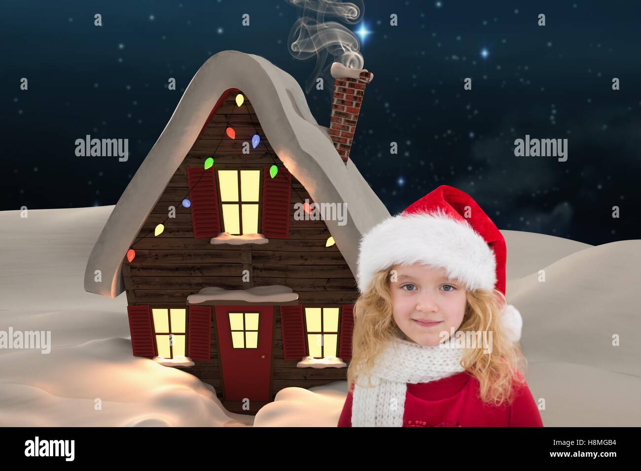 Girl in santa costume against digitally generated background Stock Photo