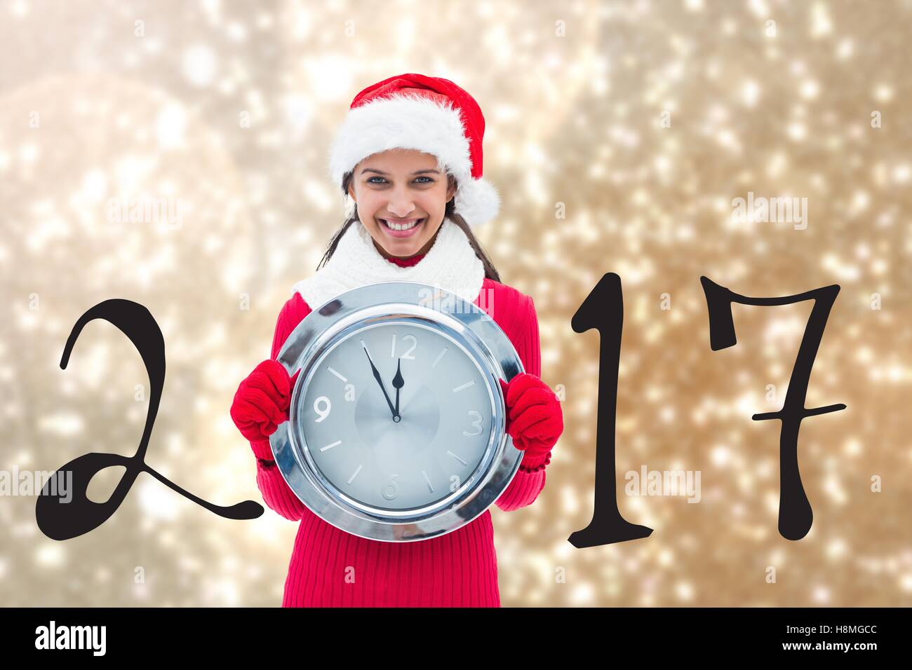 Happy Girl Holding Clock on Blurry Background Composite Stock Photo